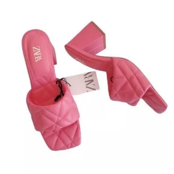 NWT Zara New Bright Pink Quilted Heeled Squared Toe Mules Shoes Sandals size 6 - Picture 3 of 13